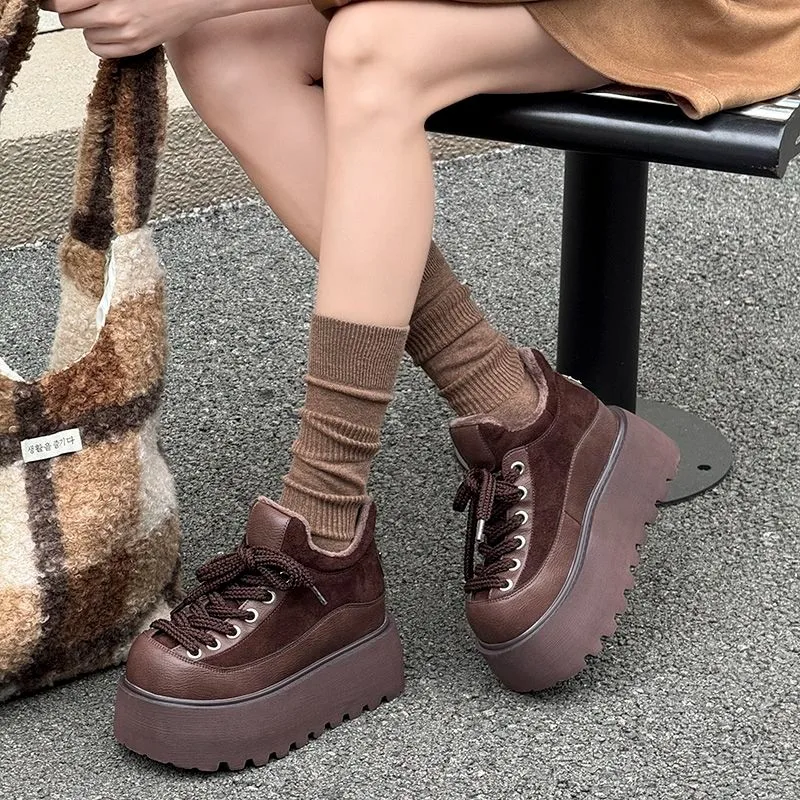 

Удобная обувь из искусственной кожи с круглым носком, туфли на танкетке на платформе, резиновые женские туфли в стиле ретро со шнуровкой