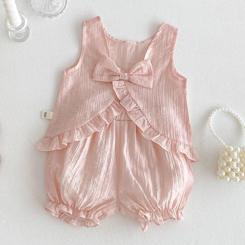 2025 nueva ropa de verano para niños, conjunto de ropa para niñas, chaleco sin mangas de Color sólido + Pantalones cortos, ropa para niños de 0 a 5 años