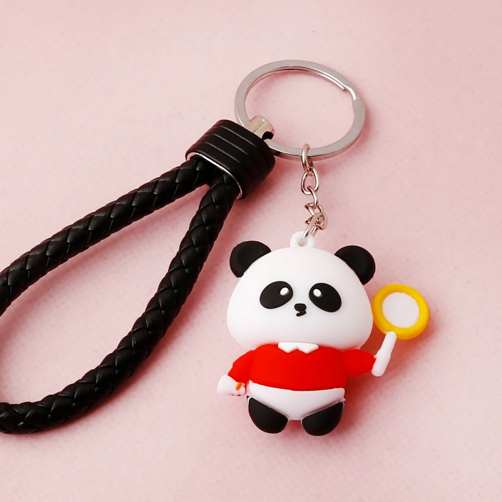Wholesale Cute Badminton Panda Silicone Keychain Chinese Style Sports Pendant Woven Leather Bag Charm Keyring Fan Gift 6pcs