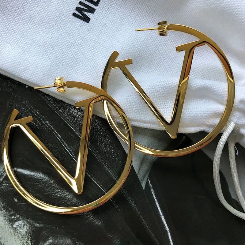 Luxury Brand Exaggerate Geometric Hollow Letter V Dangle Earrings for Women Personality Stainless Steel Korea Jewelry Fastness