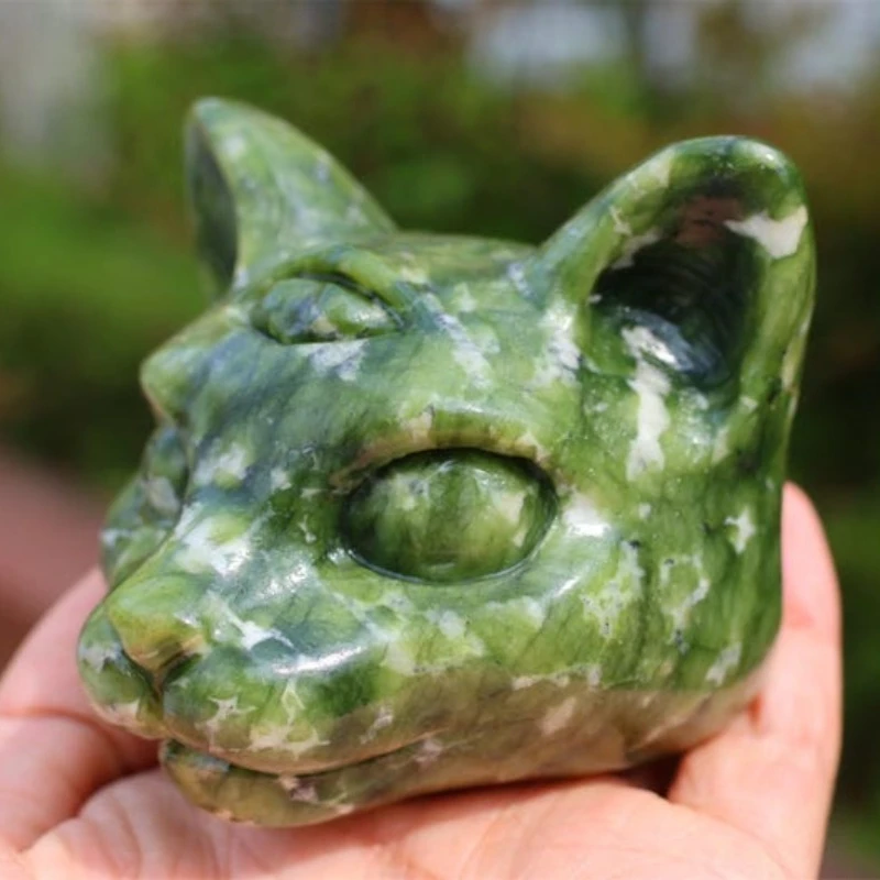 Natural Serpentine Stone Cat Head Figurine Crystal Three-eyed Kitty Mythical Beast Statue Perfect for Mother's Day Father's Day