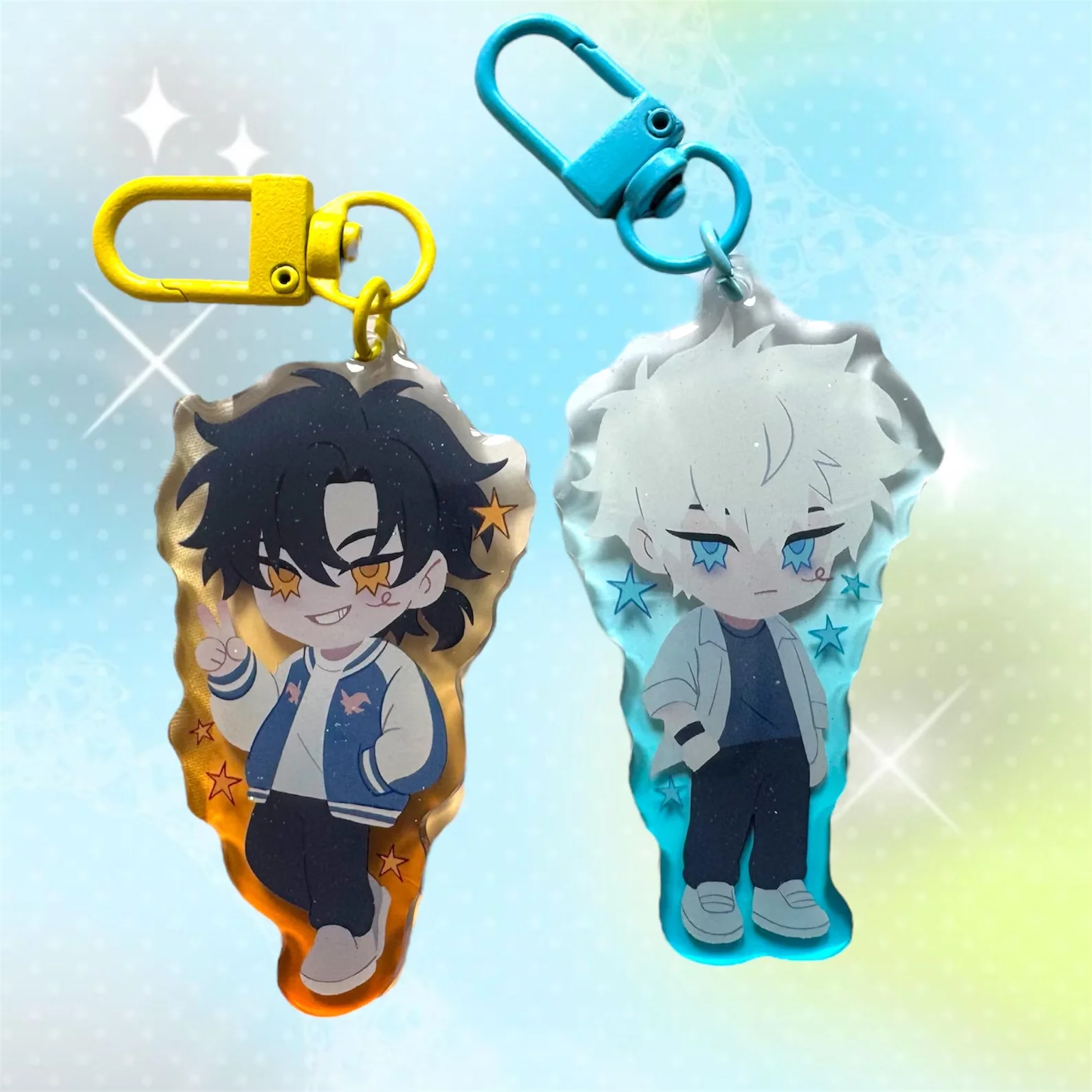 Cute Anime Style Acrylic Keychain Set Colorful Character Charm Pendant Yellow Blue Key Ring Backpack Bag Decoration Gift