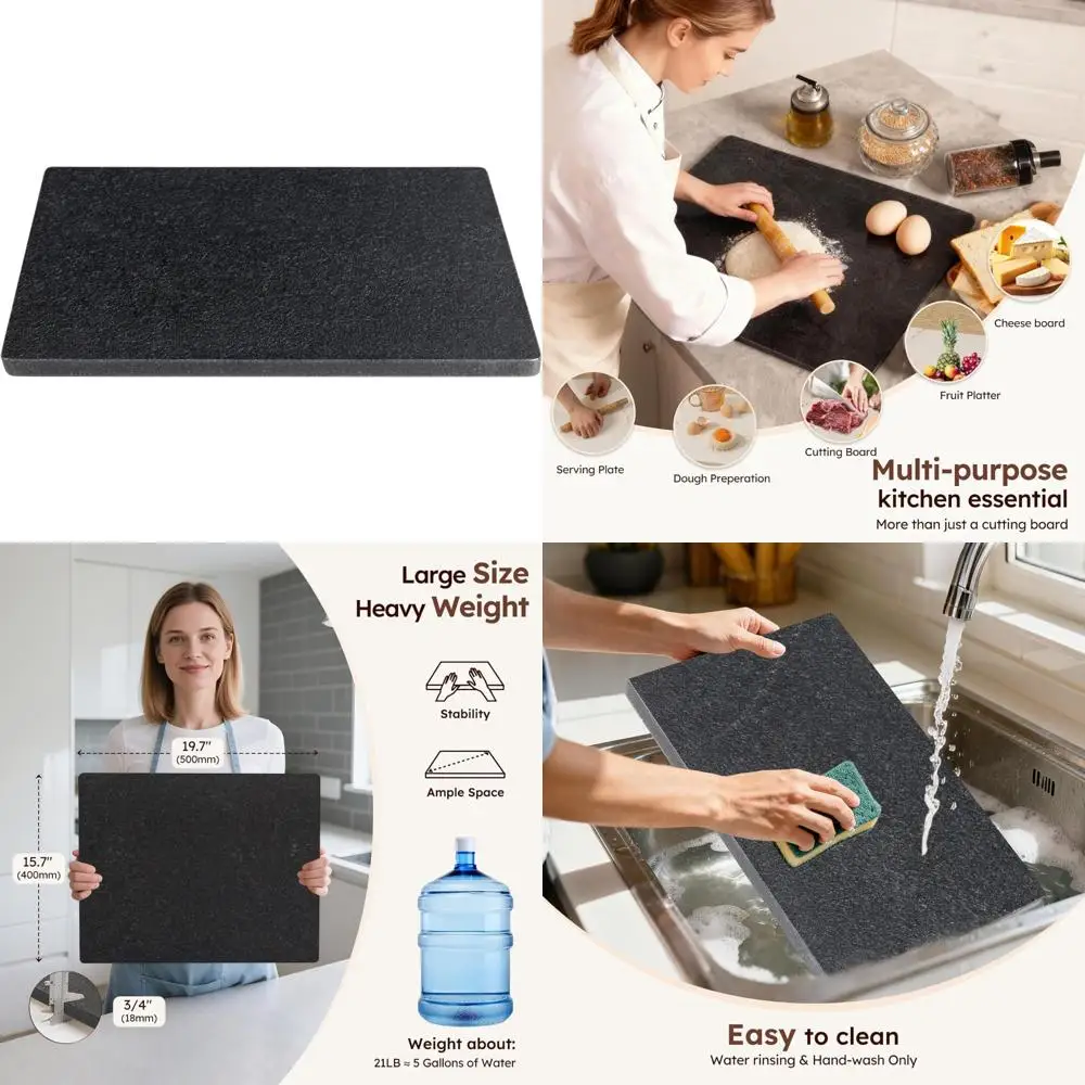 

Large Granite Kitchen Cutting Board 16x20 Inches, Black, Non-Slip Feet, Ideal for Cheese, Chocolate, and Pastry Preparation