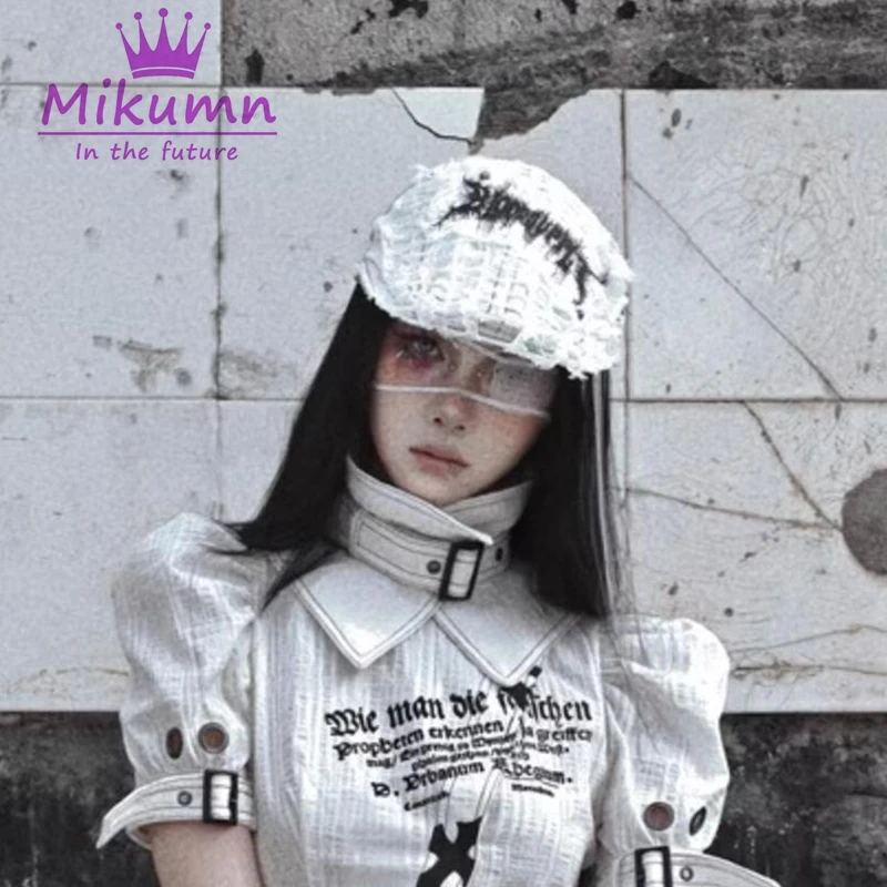 Mikumn Gothic Grunge Letter Print Knitted Cotton Broken Hole Beret Hats Punk Girls Chic Streetwear Painter Caps