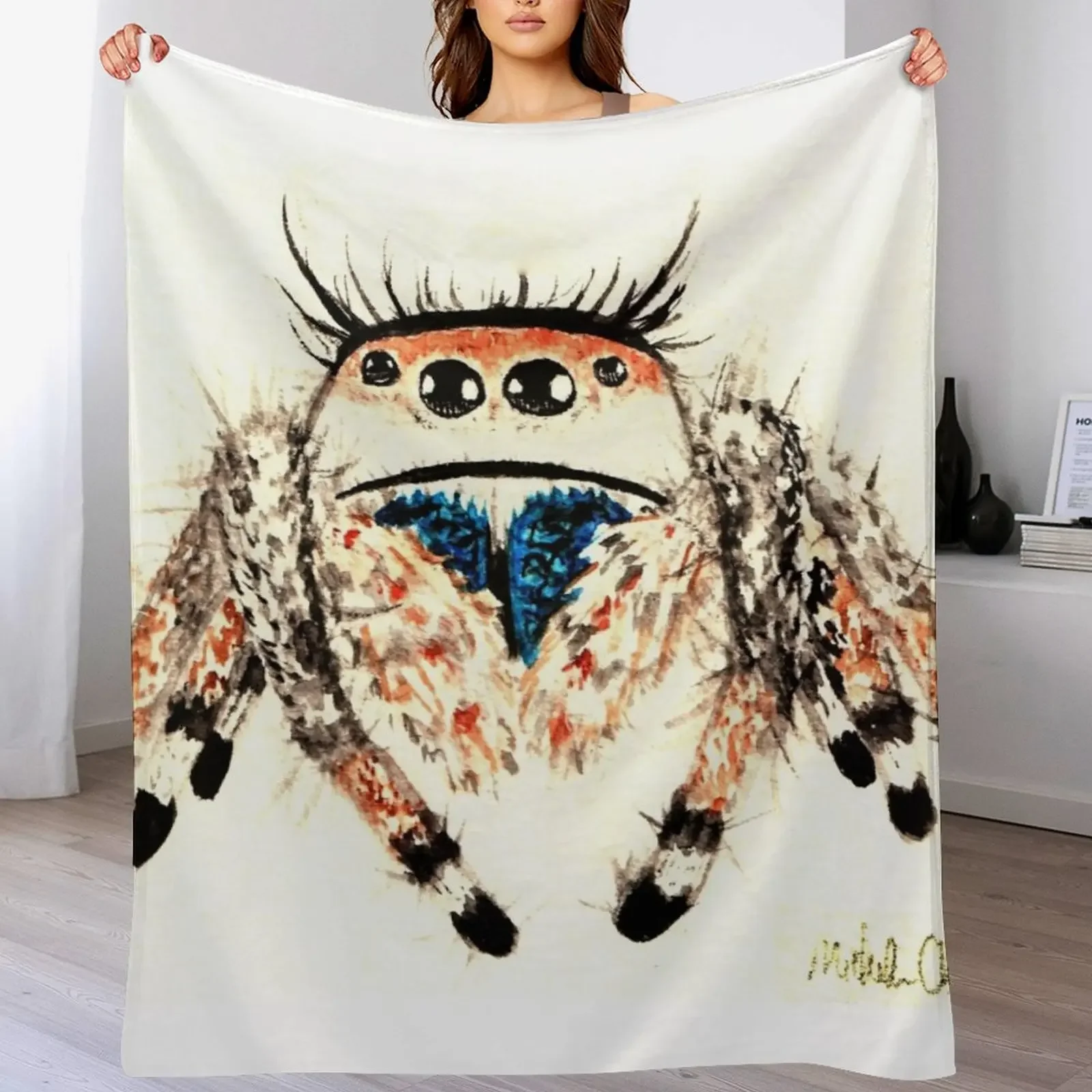Phid. Regius Jumping Spider Watercolor Throw Blanket Travel Size Cozy Blanket for Plane Train