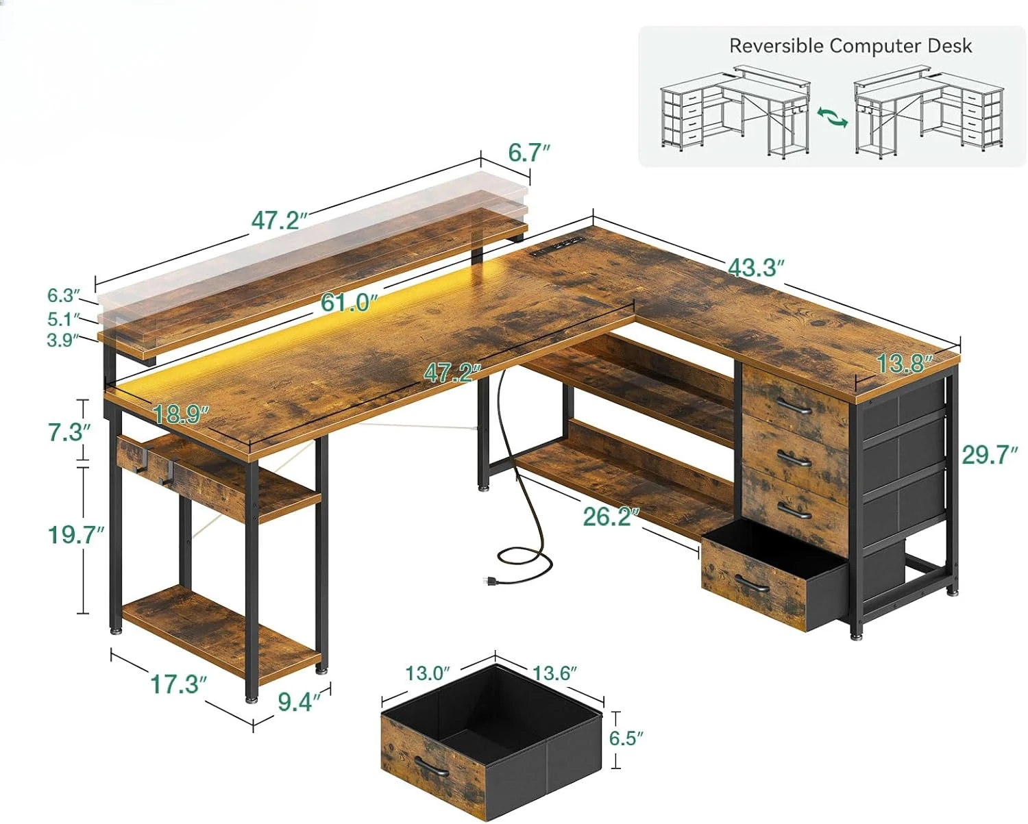 L Shaped Computer Desk with Drawer, Power Outlets & LED Light, Monitor Shelf, Reversible Corner Desk for Home Office Workstation