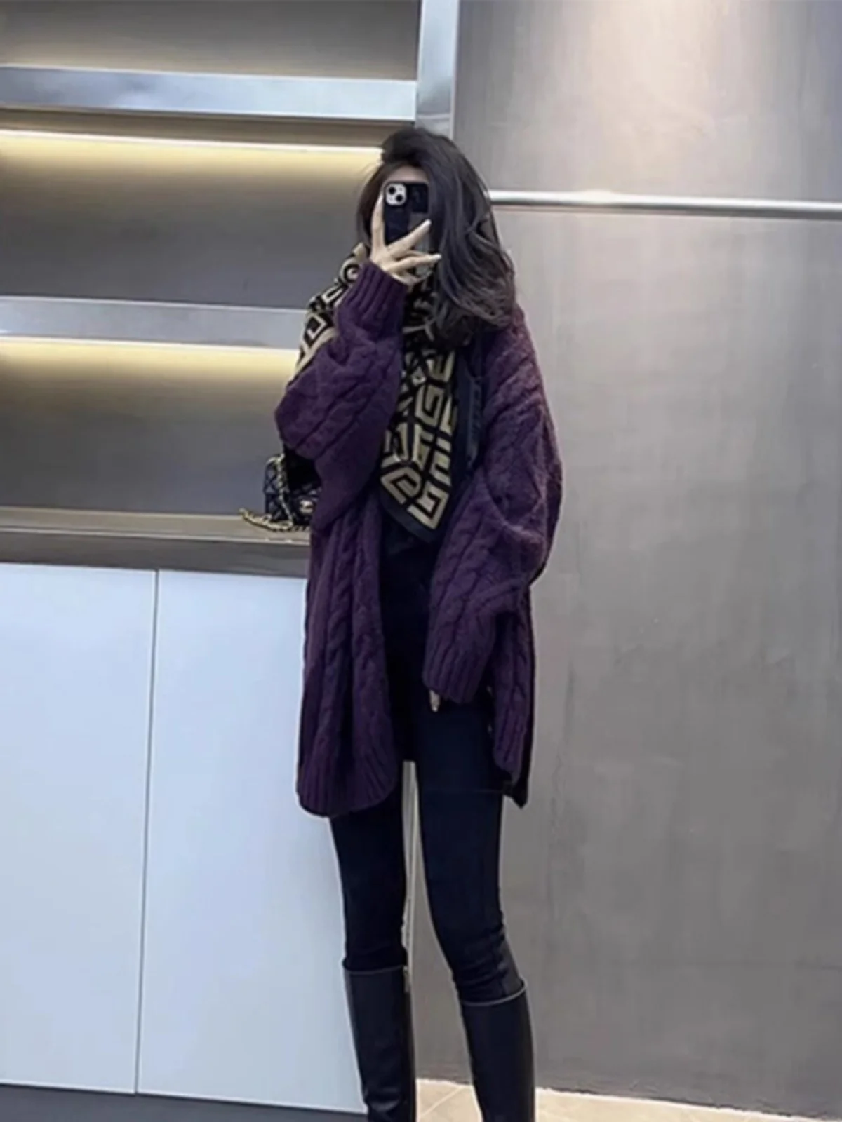 

Thiened Purple Twisted Knit Sweater Coat Women's Autumn Winter Loose Lazy Sle Mid-Length Open Cardigan Top for Commute