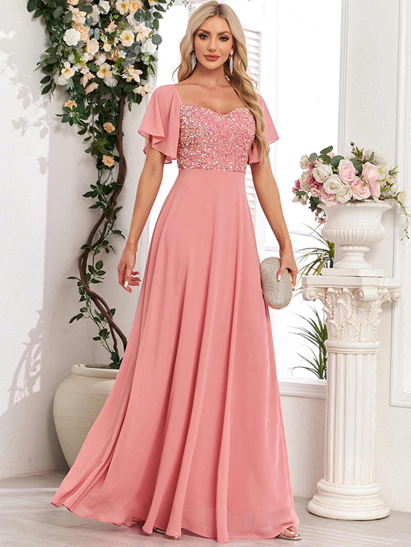 Sexy backless pink Chiffon long dresses women elegant luxury wedding prom evening dresses women sequin maxi summer dress vestido