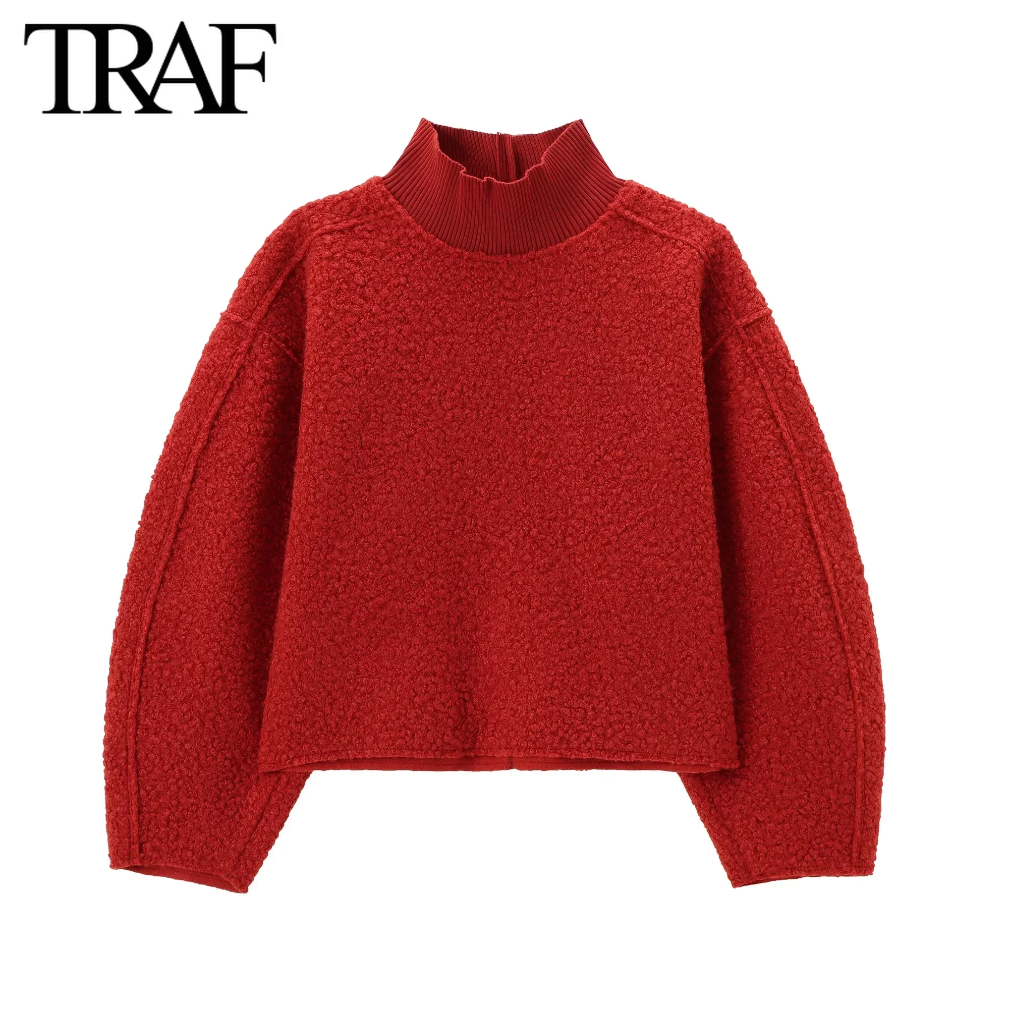 TRAF Women Fashion Autumn Winter 2024 New Loose Solid Color Long Sleeved Stand Collar Pullover Top Chic Female Sweatshirt