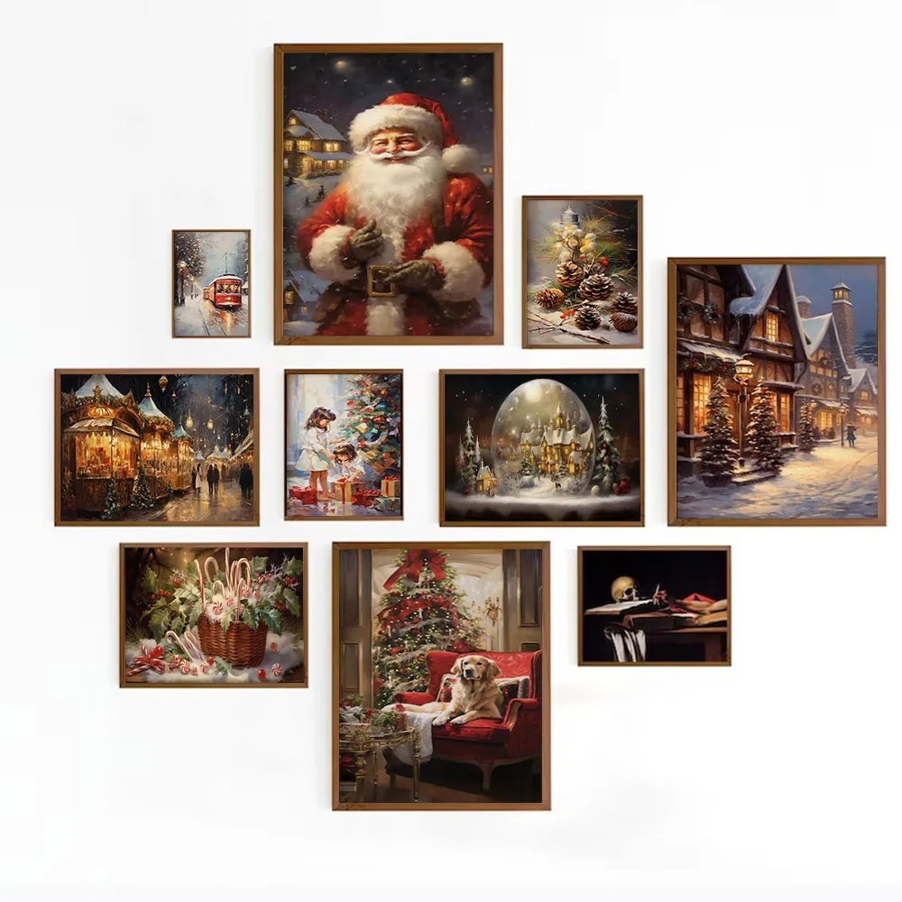 

Vintage Christmas Art Poster Prints For Living Room Home Decor Santa Claus Christmas Tree Canvas Painting Wall Art Cuadros