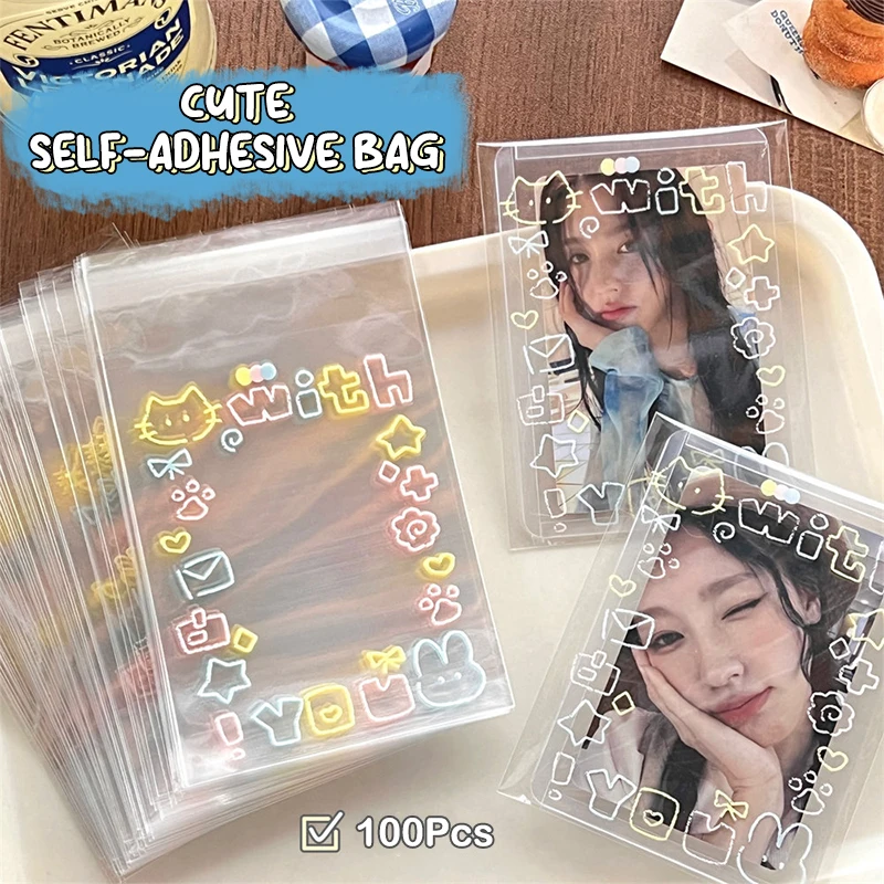 100Pcs Cartoon Graffiti Kitten Self-Adhesive Bags Candy Food Packaging Card Gift Bag Small Self Sealing Bag Transparent Opp Bag