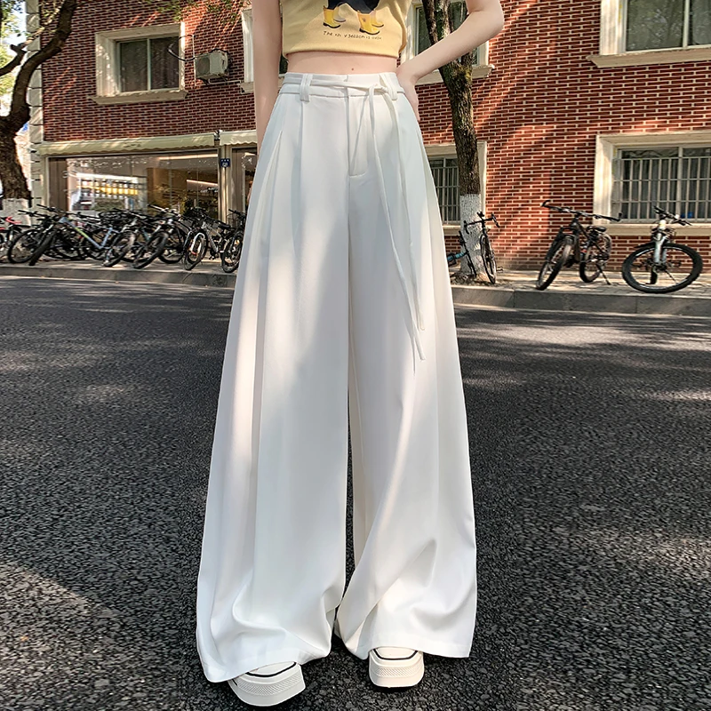 

2025 New Spring Summer Loose Women's Wide Leg Pants Solid Elegant Lace-up High Waist Office Lady Straight Trousers for Womens