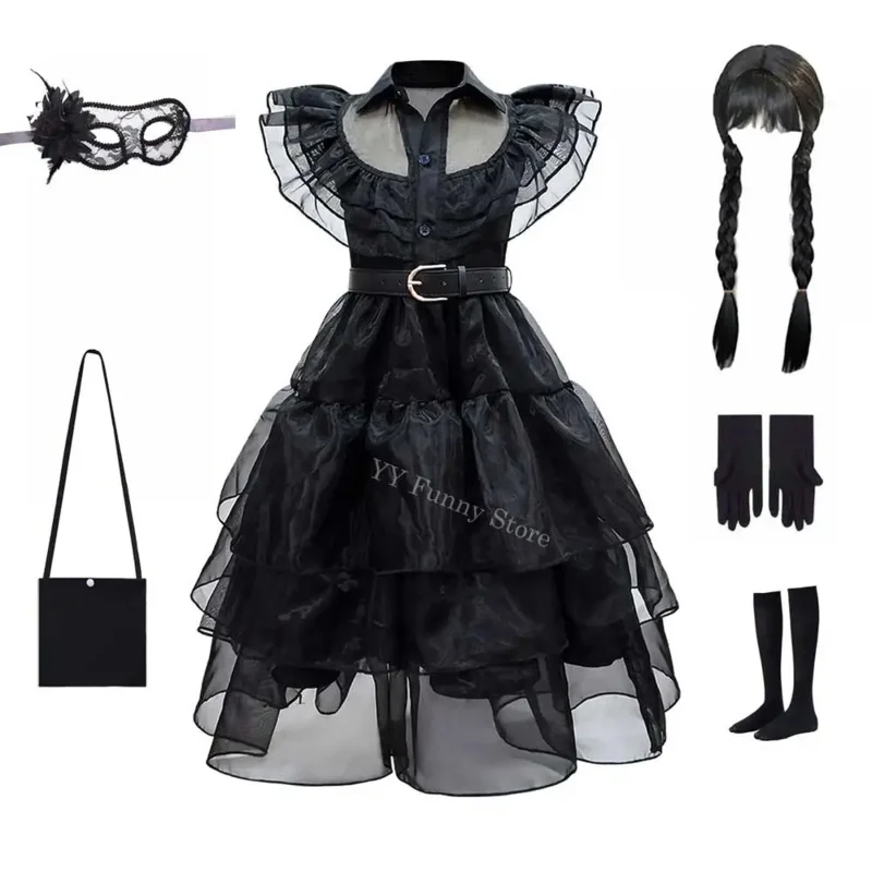 2025 ❤   جديد بنات أدامز تأثيري الرعب الاطفال الساحرة معالج فستان أسود كرنفال حلي أزياء الهالوين ★ ★