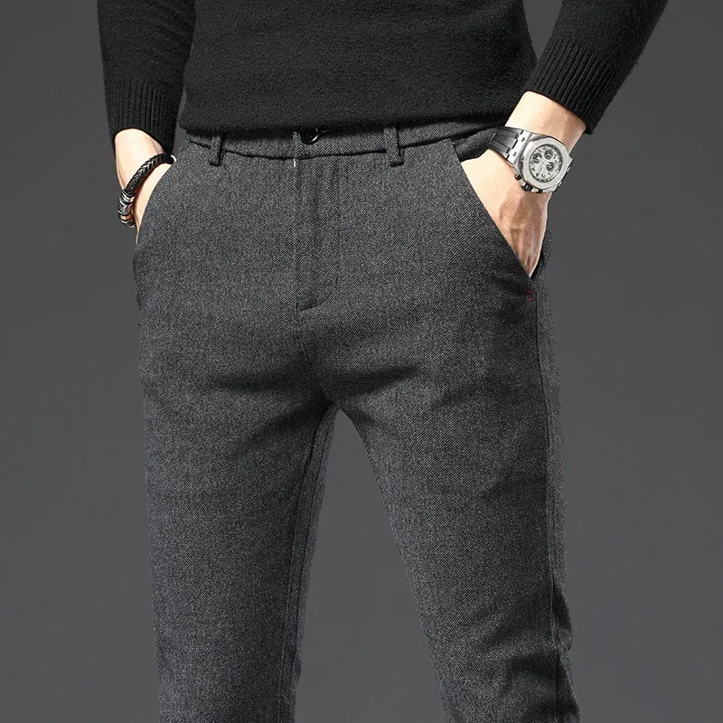 Autumn Winter New Thick Casual Pants Men Business Fashion Slim Stretch Black Blue Grey Brand Clothes Brushed Trousers Male 28-38