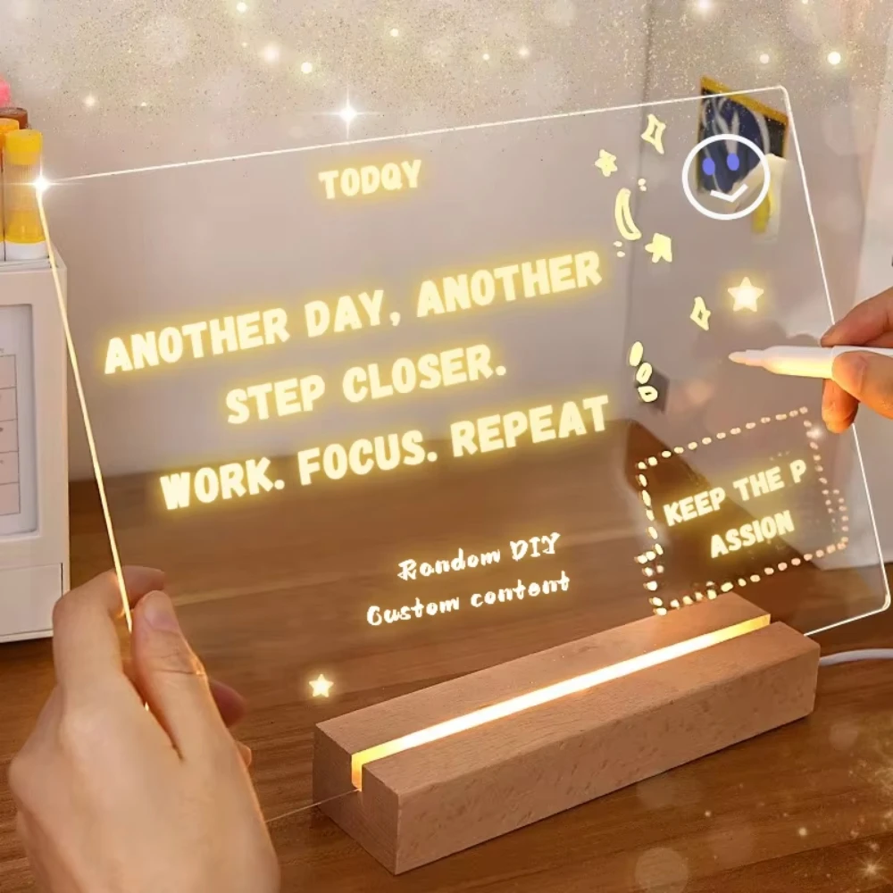 

Acrylic message board/bulletin board/drawing board, wooden light-up base, includes 7 whiteboard markers and 1 whiteboard eraser