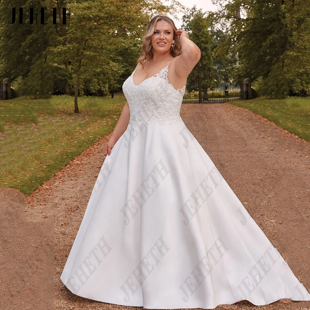 JEHETH Civil Wedding Dress Spaghetti Straps V-Neck Lace Applique Bride Gowns Plus Size A-Line Satin Sleeveless Robe De Mariée