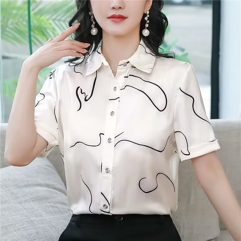 

Women Short Sleeve New Summer Fashion Striped Shirt Mulberry Silk