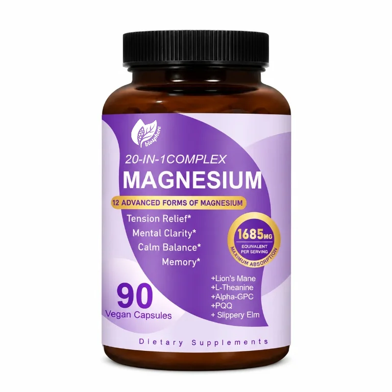 Magnesium Complex 20-in-1 800mg with Lion's Mane, L-Theanine & B6 for Sleep, Stress, Muscle & Mental Clarity, Vegan, 90 Capsules