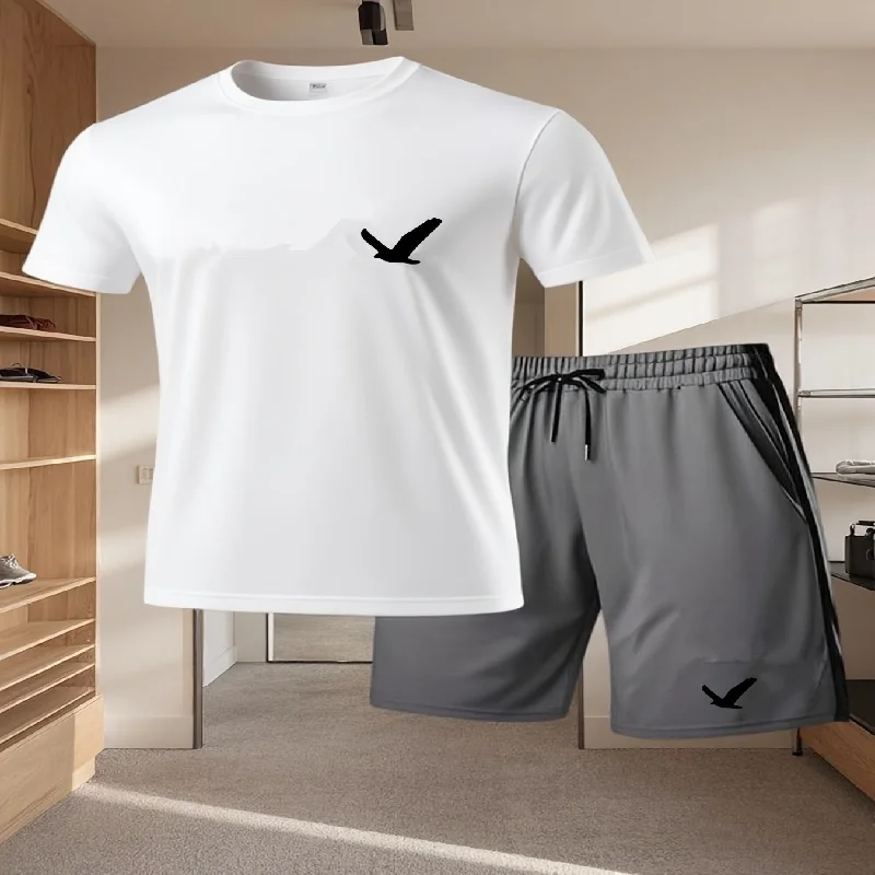 

Men's casual T-shirt and shorts two-piece set, men's round neck short sleeved breathable sports set two-piece set