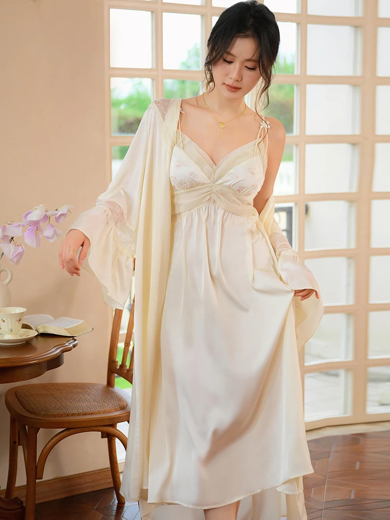 French Sexy Robe Gown Fairy Nightgown Two-piece Set Women Spring Chiffon Mesh Vintage Princess Pajama Sleepwear Home Clothing