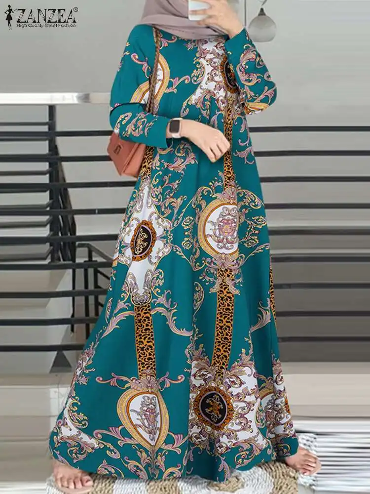 

ZANZEA Muslim Fashion Dress Women Maxi Sundress Summer Elegant Casual Long Sleeve Robe Turkey Abaya Bohemain Printed Vestidos