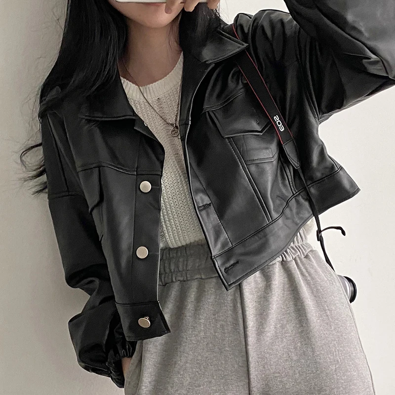 Chic Vintage da donna vestibilità ampia Jaet ort capispalla doppio ket colletto alla coreana cappotto in pelle PU versatile autunno nuovo Sle