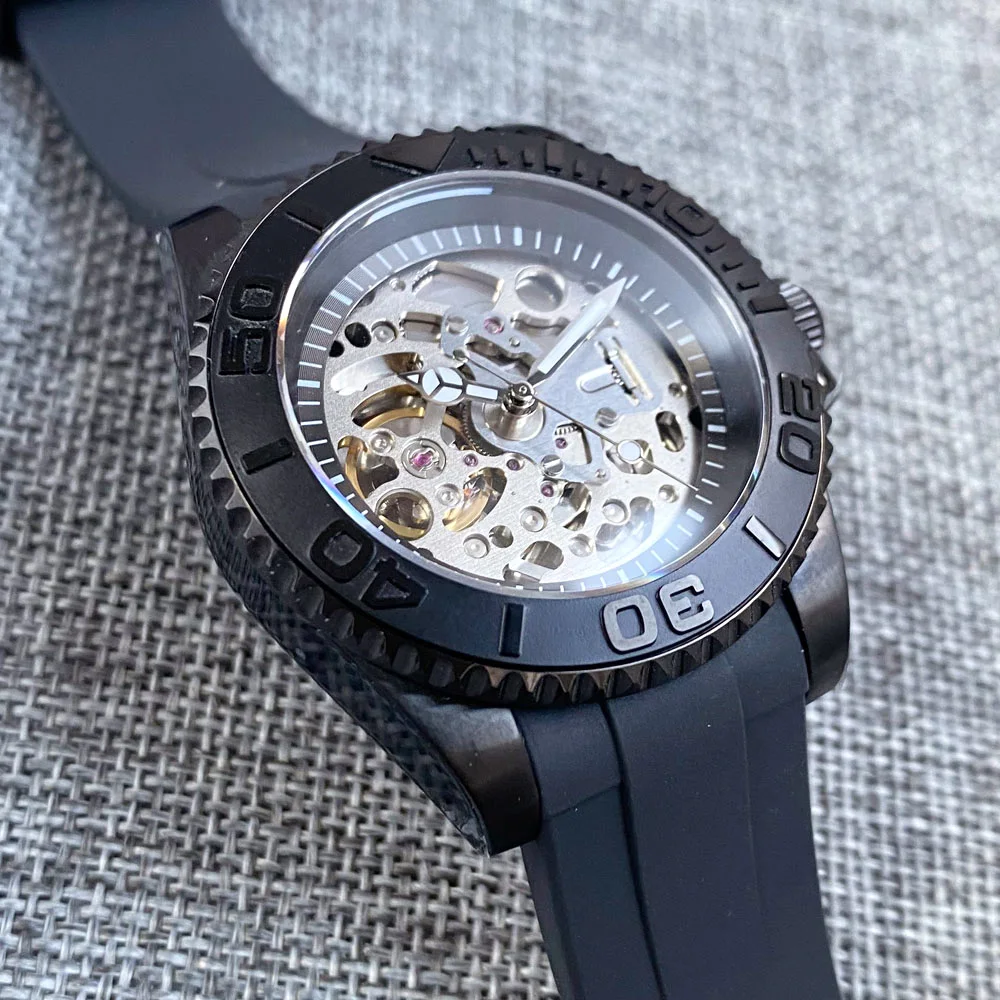 Black NH70 Mechanical Watch Men Skeleton Hollow Dial 120clicks Bezel Ring Matte Bezel Insert Sapphire Glass Curved End Rubber