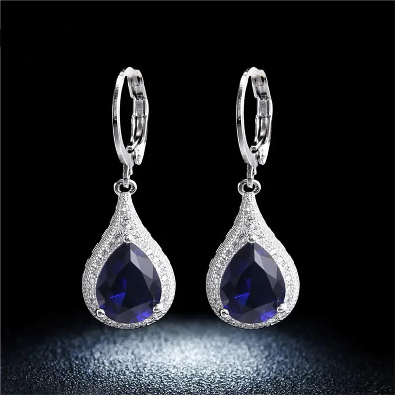 CC Blue Drop Earrings for Women Created Sapphire Find Jewelry White Gold Color Vintage Dangle Ear Stud Accessories Party CCE020