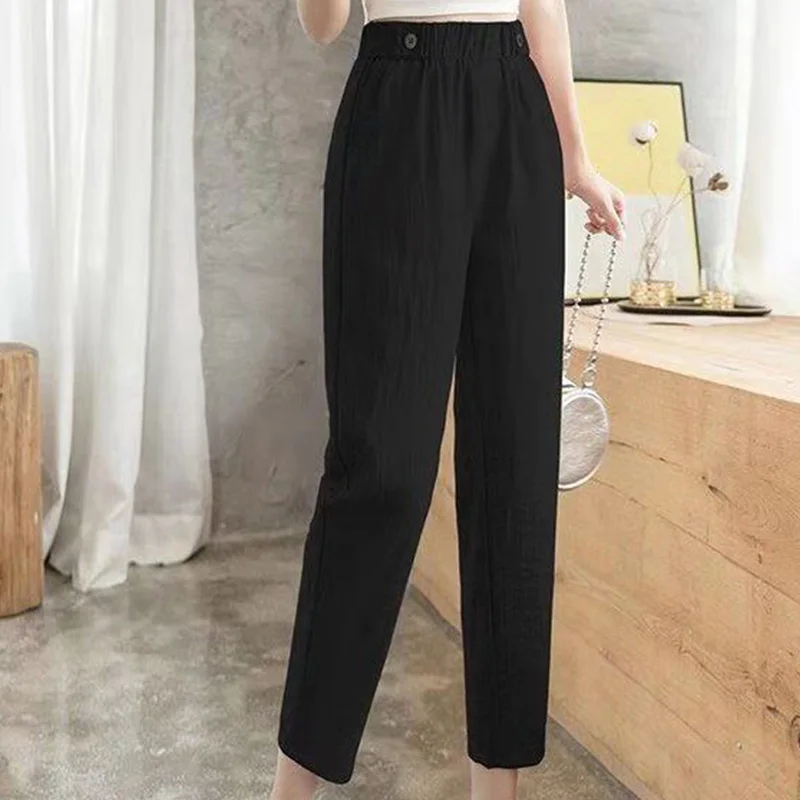 Summer Thin Women\'s Casual New Ice Silk Cotton Hemp Cropped Trousers Solid Color Loose and High Waisted Versatile Harlan Pants