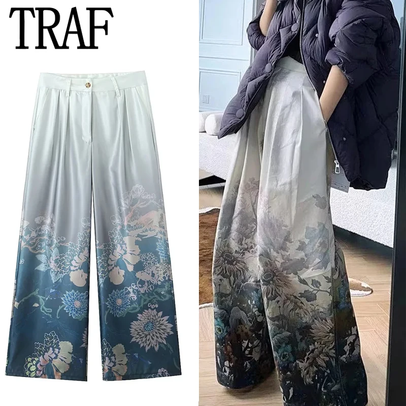 TRAF Print Straight Pants Women\'s Pant Spring 2024 Satin High Waist Pants Korean Reviews Many Clothes Y2k Pants Elegant Trousers