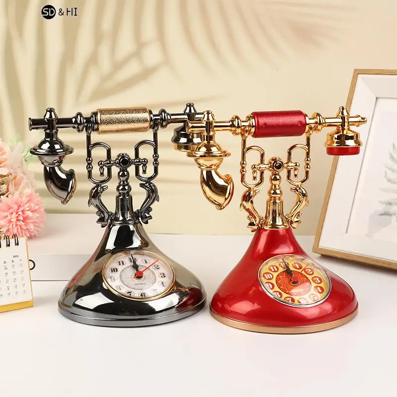 1pc Retro Alarm Clock Telephone Model Creative Timekeeper Desktop Ornament For Home Room Bedside Table Decoration
