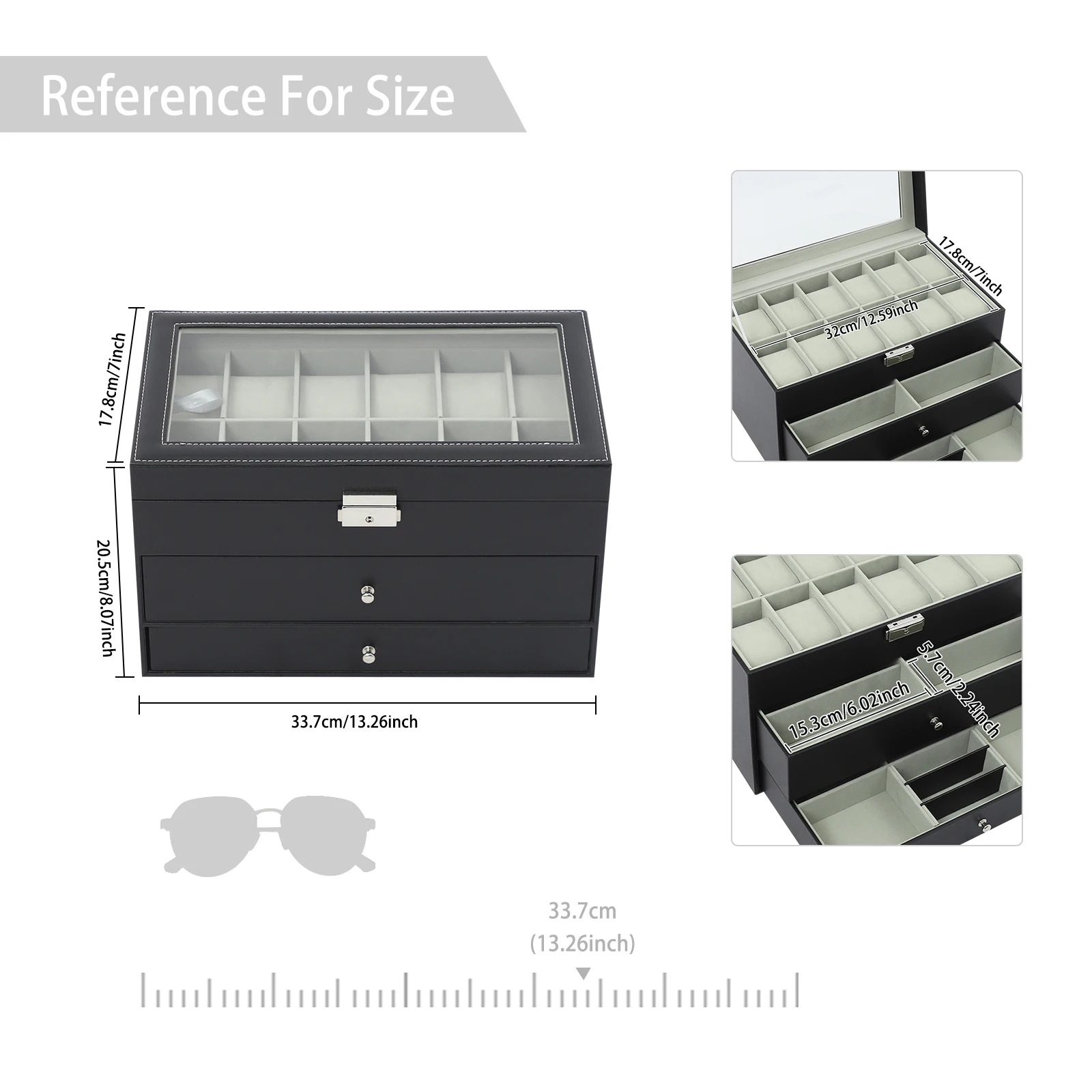 Watch Storage Display Box, Watch Storage Case, 3-tier Organizer Watch Showcase with Clear Glass Top Window, for Storing Various Types of Jewelry