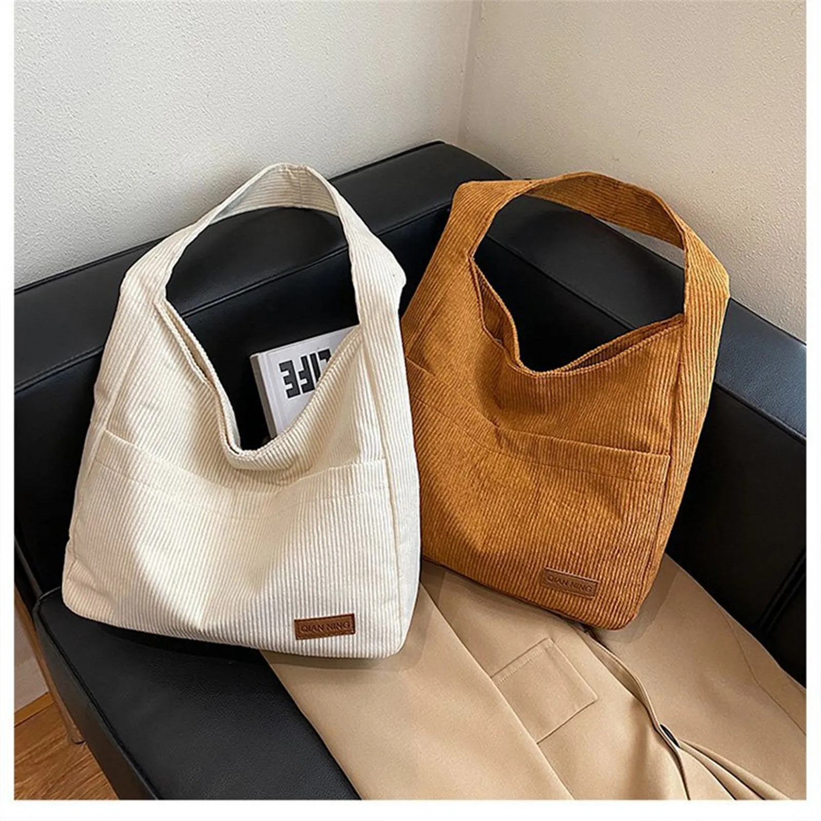 Solid Color Canvas Shoulder Bag Corduroy Tote Handbag Shoulder Bag Women Girls Shoulder Bag Tote Bag Handbag Canvas Corduroy Bag