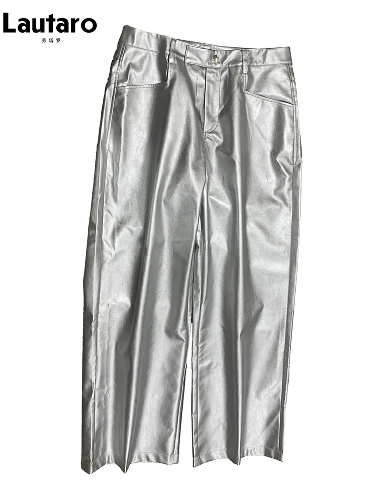 

Lautaro Autumn Cool Silver Baggy Faux Leather Wide Leg Pants for Men Trousers Loose Casual Luxury Mens Designer European Clothes