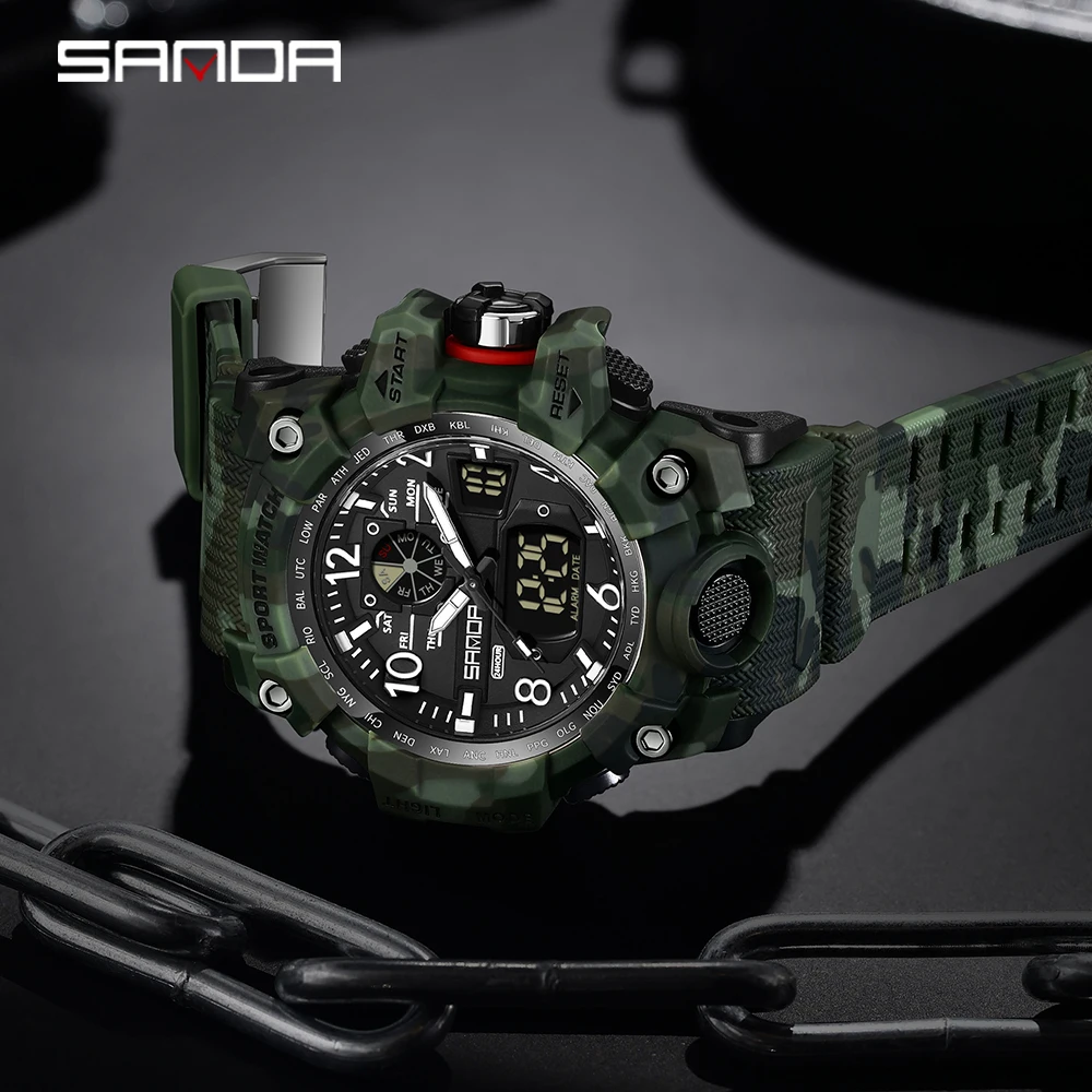 SANDA Sports Military Mens Watch Camouflage LED Digital Watch Outdoor Electron Male Wristwatch Dual Display Quartz Men Clock