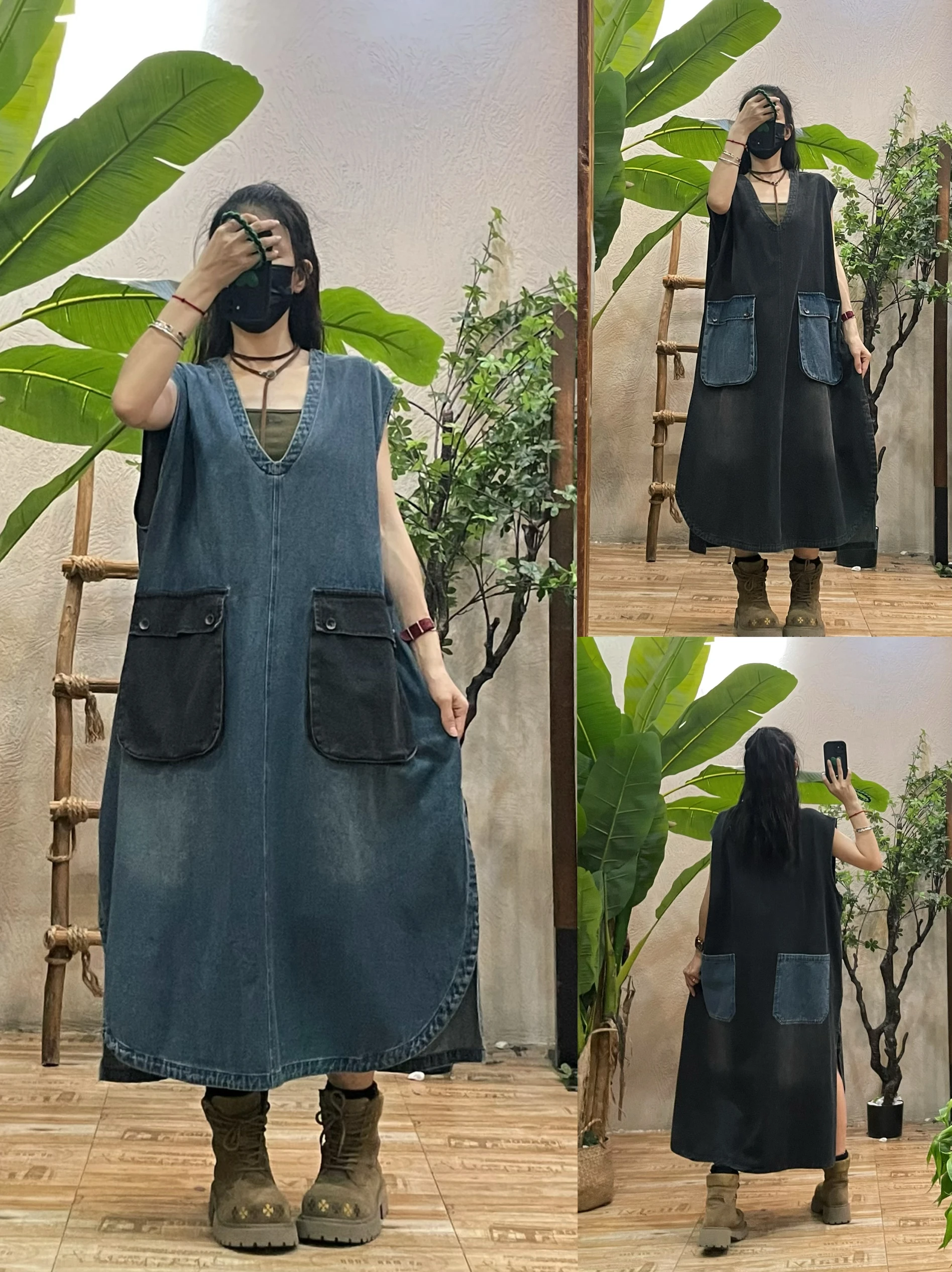 

Ретро-платье-жилет из денима в стиле пэчворк для женщин, повседневное, свободного кроя, с эффектом стройности, с разрезом, из хлопкового денима, с завышенной талией, А-силуэт, V-образный вырез, без рукавов