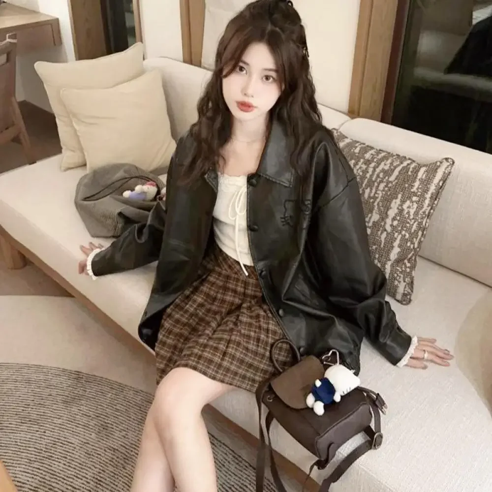 أنيمي مرحبا كيتي المرأة خمر المطرزة بولي Leather سترة جلدية Y2K الفتيات تنوعا معطف سترة فضفاضة دراجة نارية الملابس القمم