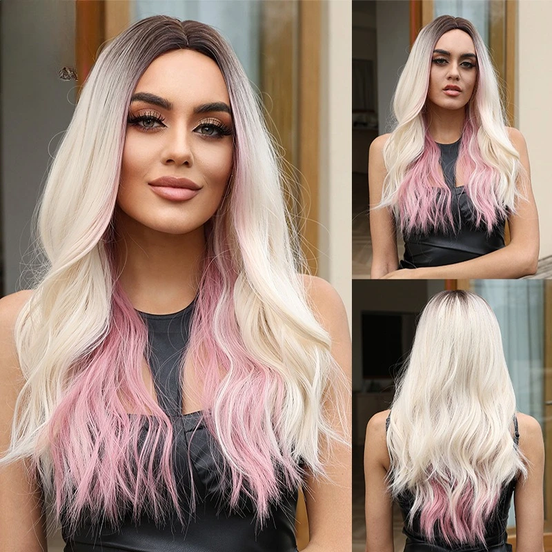 

European and American white pink gradual change long curly hair wig daily party personality fashion wig female full head cover
