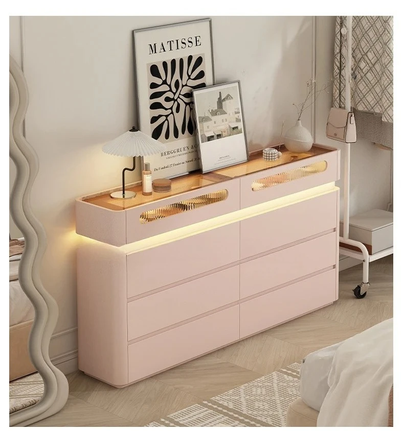 Light luxury cream style solid wood eight-bucket cabinet, bedroom locker, bedside bucket cabinet, dresser integrated pink.