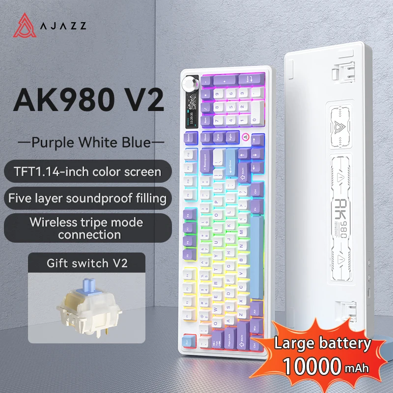 AJAZZ AK980 V2/PRO hot plug 10000mAh aangepast draadloos mechanisch gamingtoetsenbord met drie modi, elektronisch competitief spel, zij-LED, compacte 96% lay-out, verzegelde structuur,