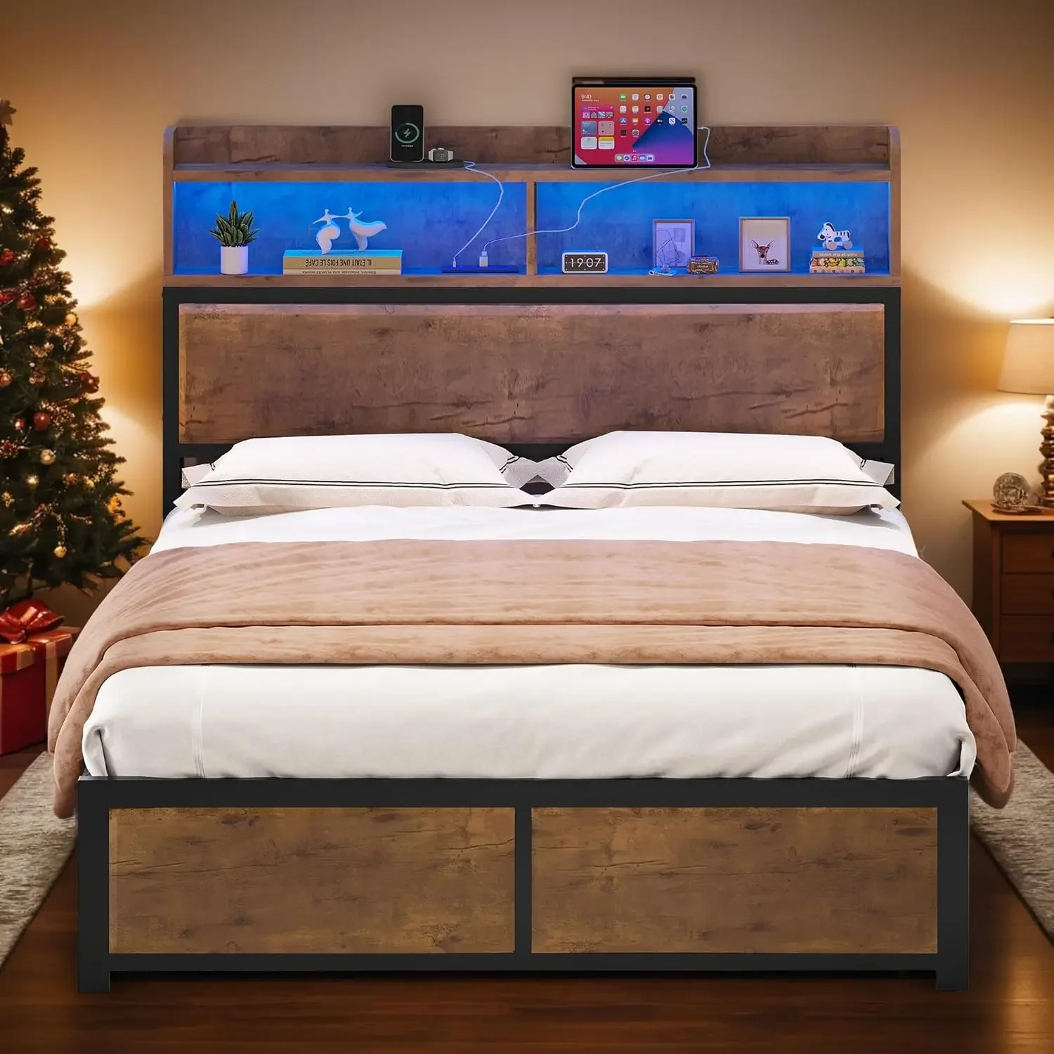 Storage Headboard, Metal Platform Bed Frame with Charging Station & LED Lights, Noise-Free/Metal Support/No Box Spring Needed, R