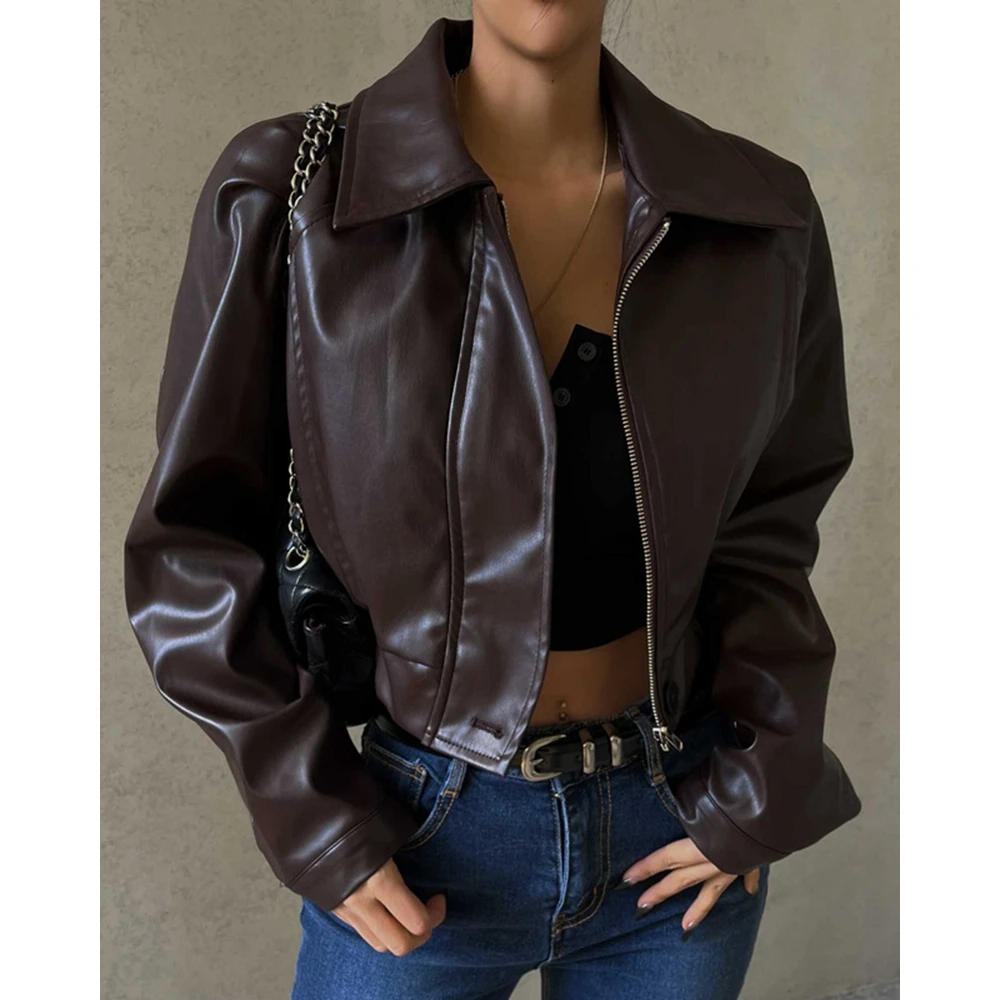 

Women Pu Leather Puff Sleeve Turn-down Collar Jackets Buttoned Brown Short Coat Autumn Femme Outwear Clothing