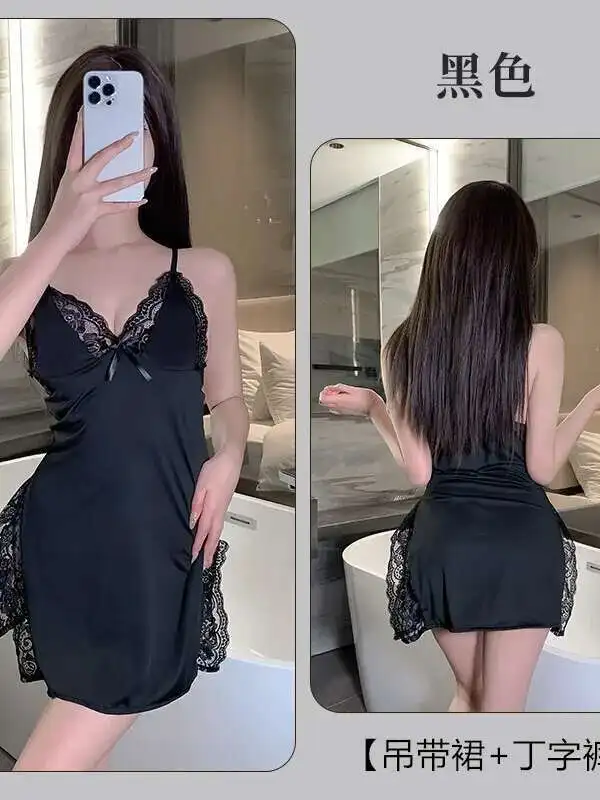 Sexy Lace Trim Women's Side Slit Bowknot Decor Cami Sleep Dress Ladies Night Dresses Tops Girls Woman Loungewear Fashion 2G1J