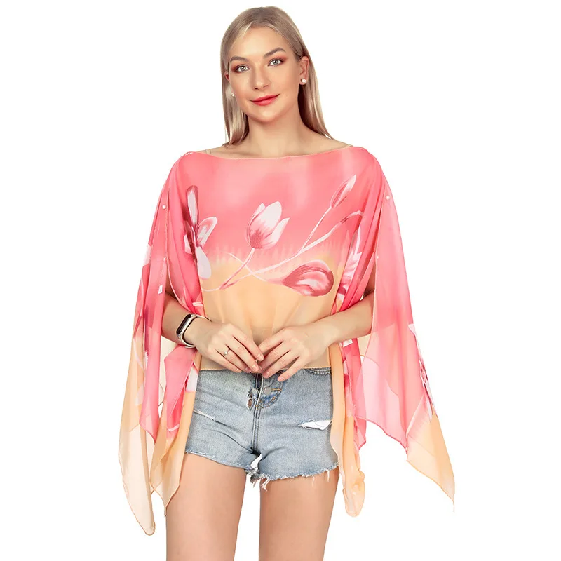 Women Sun Protection Shawl for Cycling Lady Summer Chiffon T-shirt Holiday Flower Scarf Bikini Blouse Breathable Beach Wrap