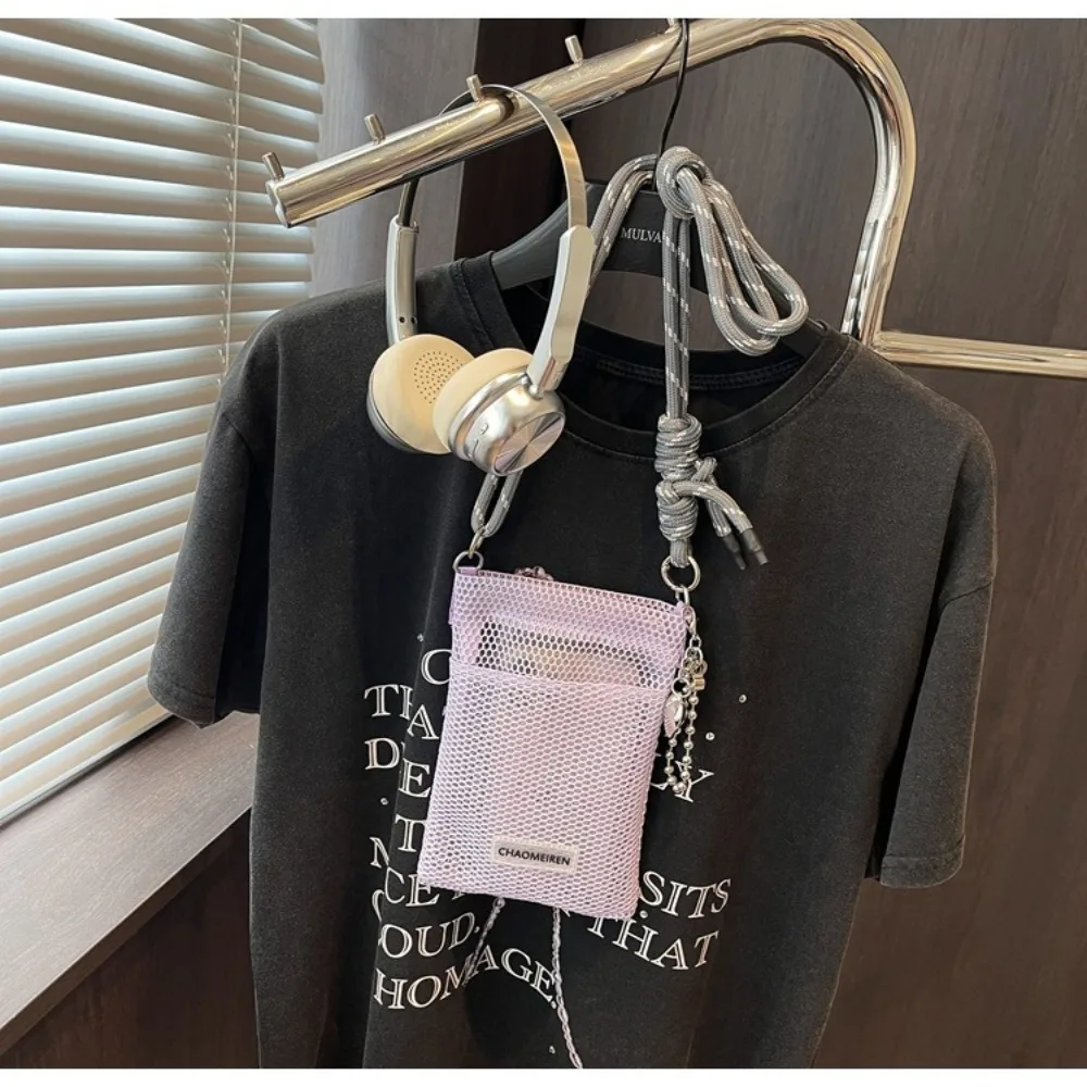 Casual Koreanische Nylon Mesh Brieftasche Teenager Hohl Schulter Handtasche Taschen Einfarbig Umhängetasche Handy Tasche Im Freien