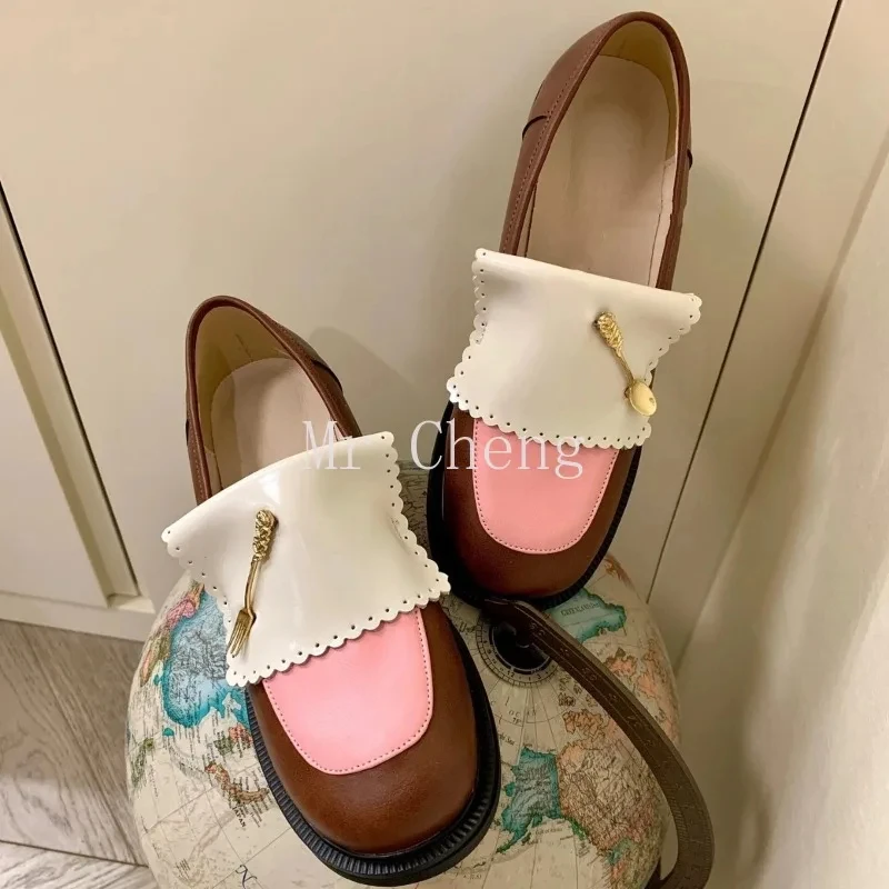 Pink Sweet Gentle Little Leather Shoes Female Genuine Leather Vintage Loafers Round Toe Block Heel Platform Soles Women's Shoes