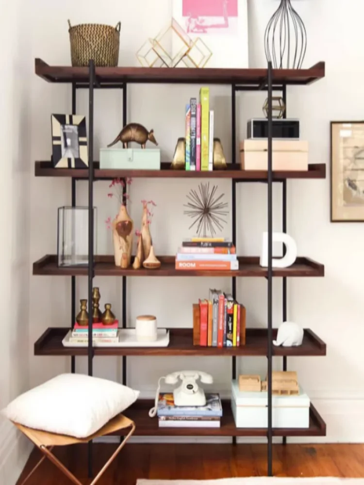 Solid wood bookshelf, living room floor storage shelf, bookcase display shelf, multi-layer wrought iron shelf