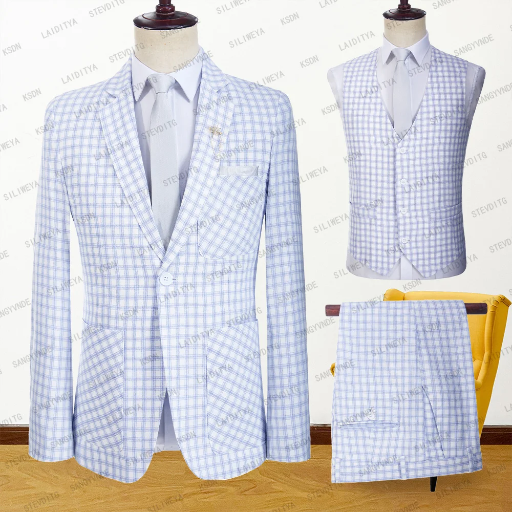 

2023 Fashion Men Suit 3 Pieces Leisure Costume White Blue Check Notehed Lapel Linen Formal Business Set Plaid Blazers