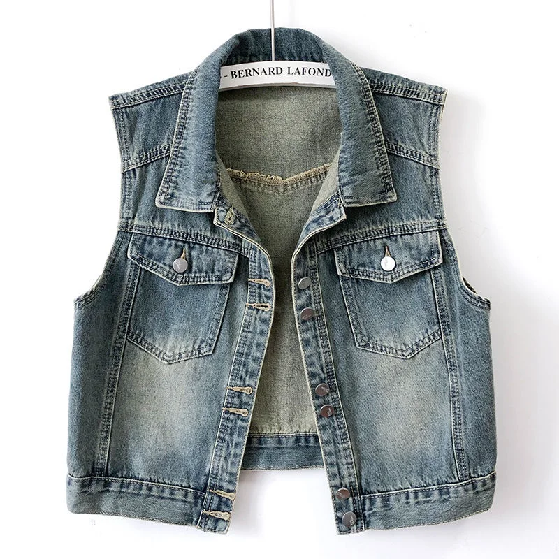 

Hong Kong Retro Denim Vest Coat Ladies Short Spring Autumn 2024 New Cowboy Sleeveless Jacket Korean Slim Waistcoat Blouse Women