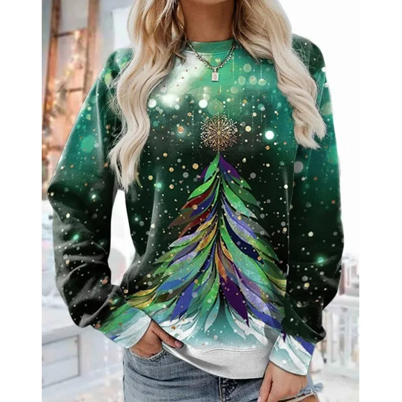 

New 's Clothing Christmas Tree Aurora Print Round Neck Sweatshirt Women's Casual Long Sleeve Top European and American Plus